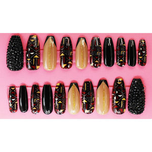 Aztec Print Stone Pride Long Coffin Gloss Finish Press On Nails Long